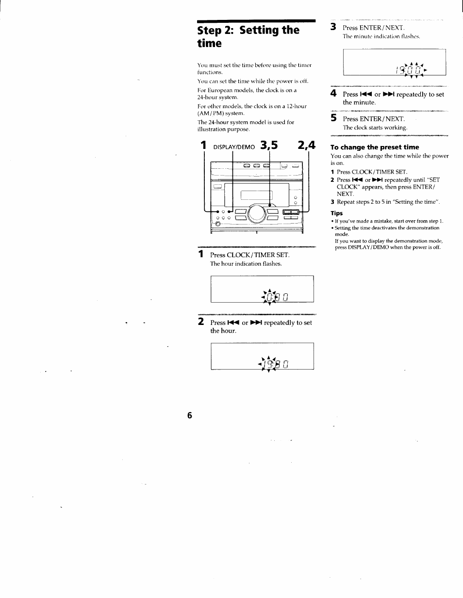 Step 2: setting the time, To change the preset time | Sony MHC-RX33 User Manual | Page 6 / 32