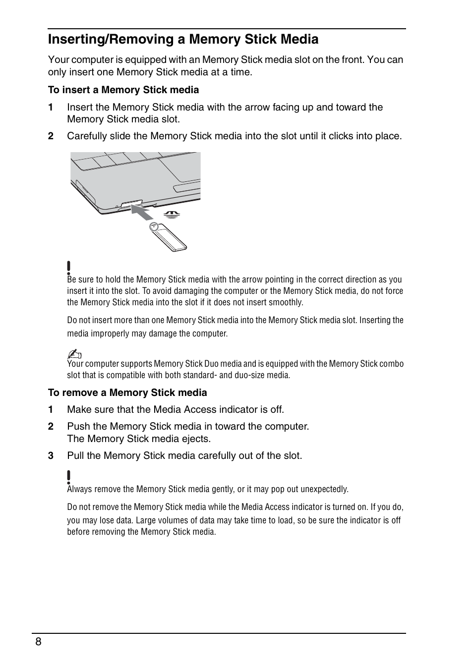 Inserting/removing a memory stick media | Sony VGN-TX690P User Manual | Page 10 / 36