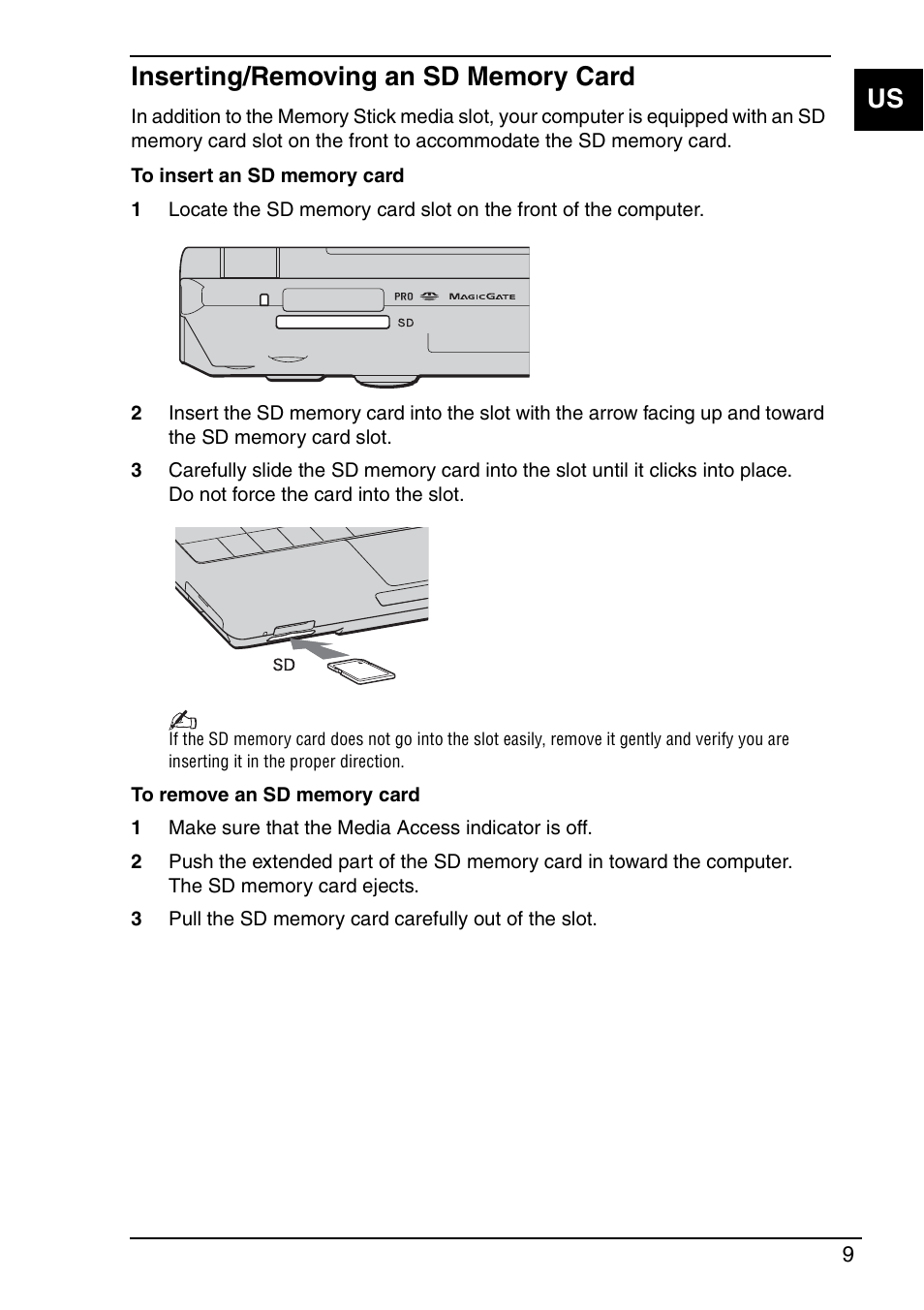 Inserting/removing an sd memory card | Sony VGN-TX690P User Manual | Page 11 / 36