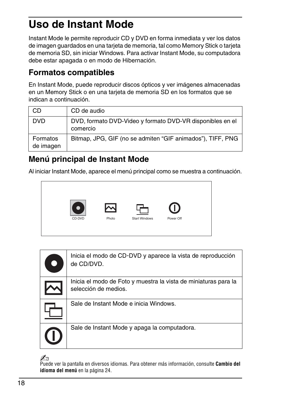 Uso de instant mode, Formatos compatibles, Menú principal de instant mode | Sony VGN-TX690P User Manual | Page 20 / 36