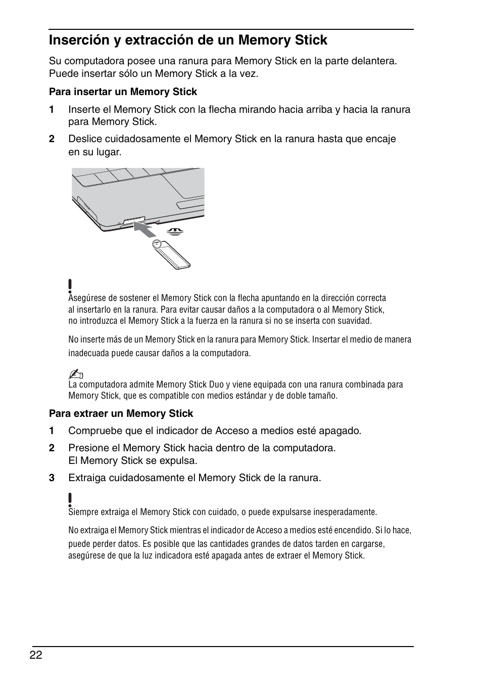 Inserción y extracción de un memory stick | Sony VGN-TX690P User Manual | Page 24 / 36