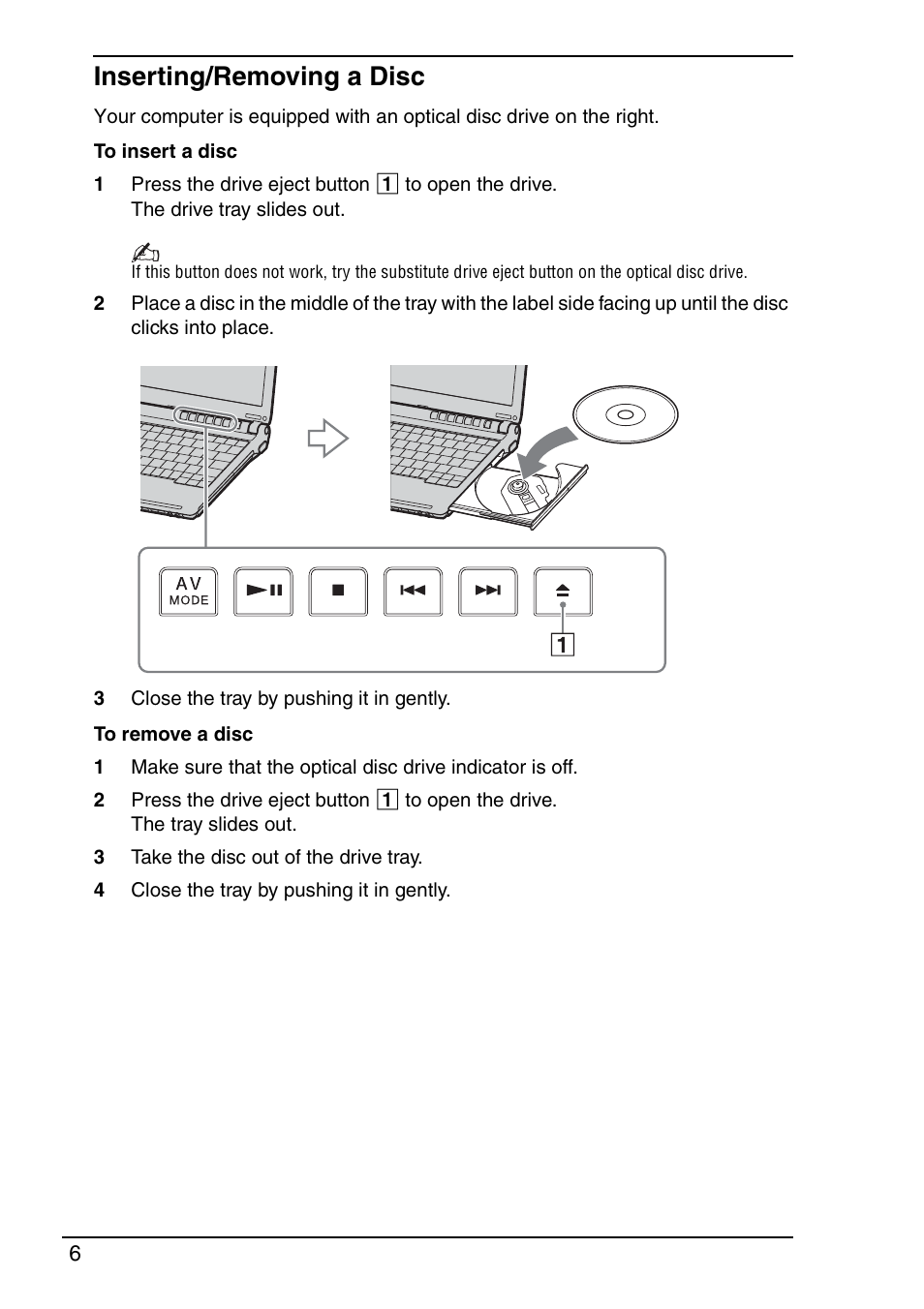 Inserting/removing a disc | Sony VGN-TX690P User Manual | Page 8 / 36