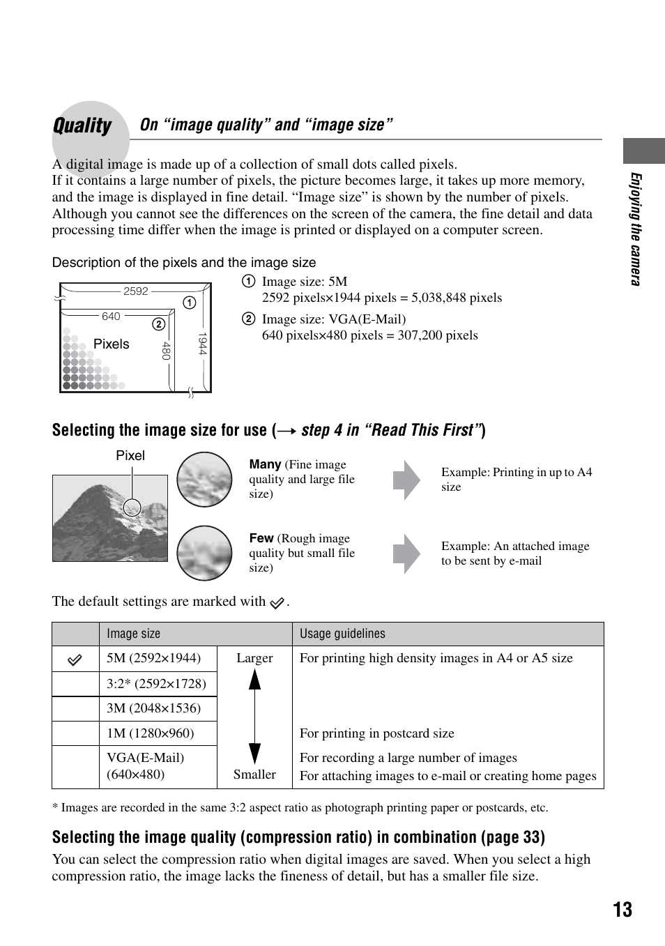 Quality – on “image quality” and “image size, Quality, On “image quality” and “image size | Sony DSC-T7 User Manual | Page 13 / 103