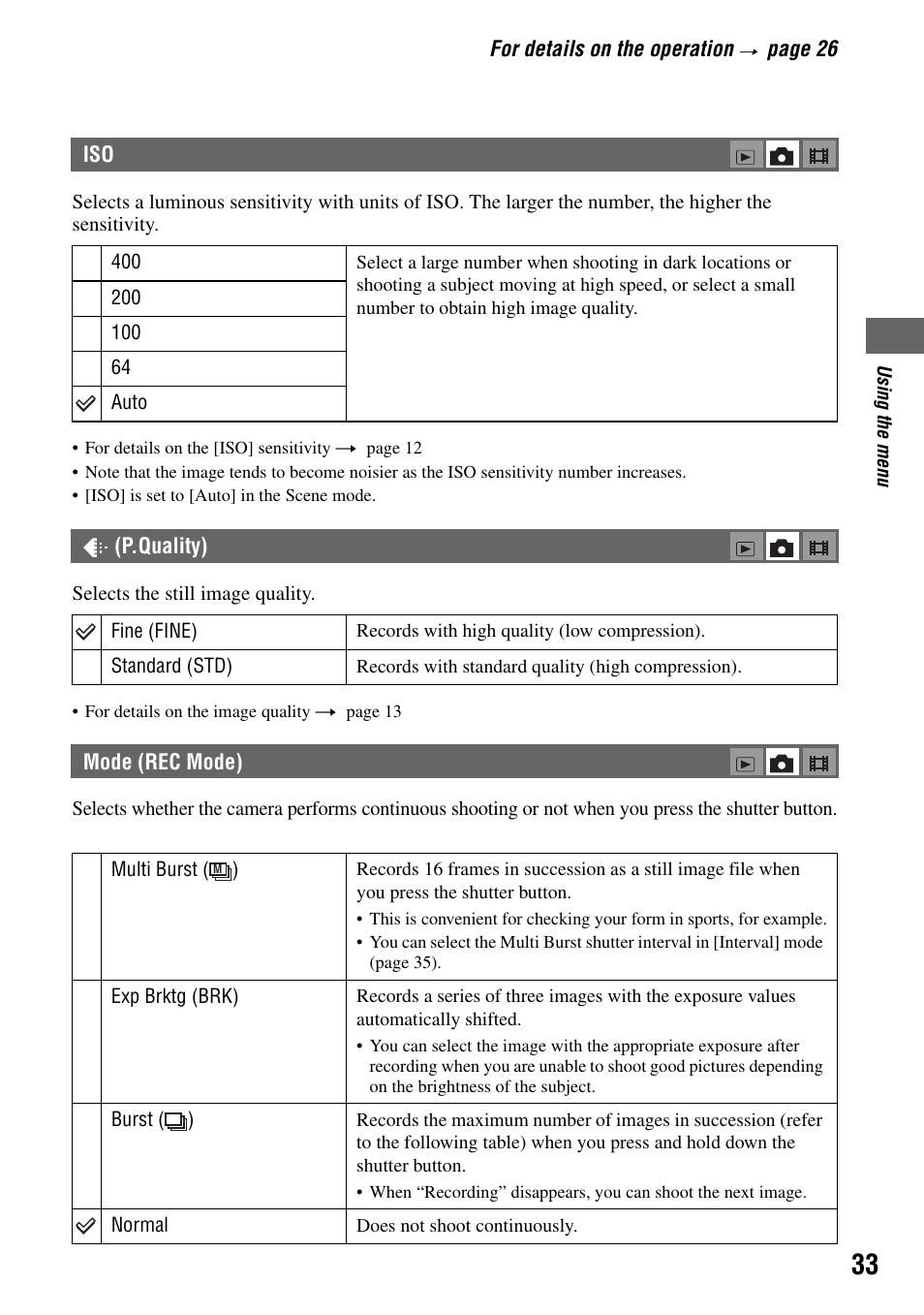 P.quality), Mode (rec mode), Er (33) | Sony DSC-T7 User Manual | Page 33 / 103