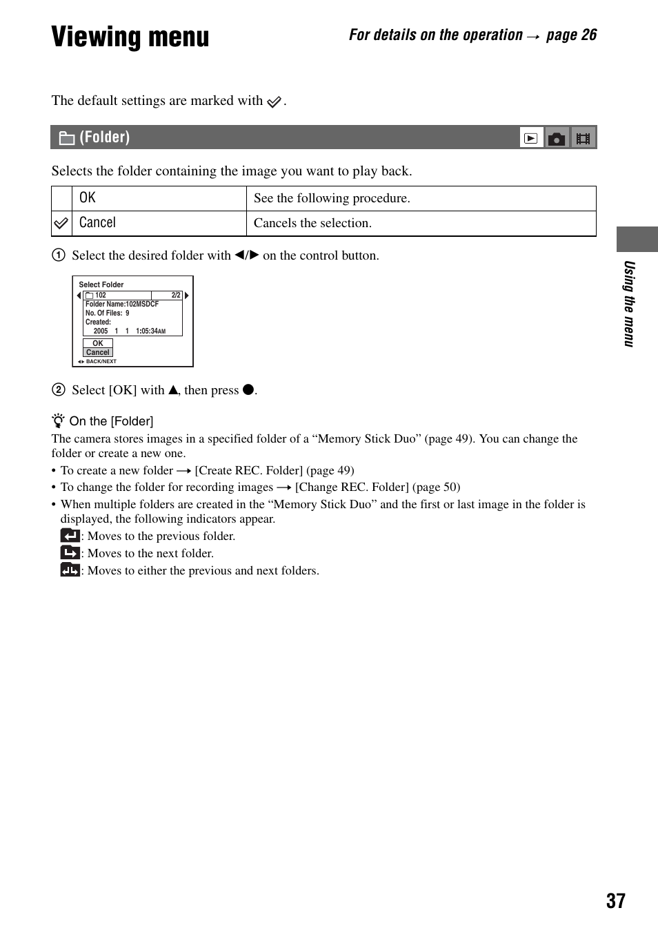 Viewing menu, Folder), For details on the operation | Pag e 26 | Sony DSC-T7 User Manual | Page 37 / 103