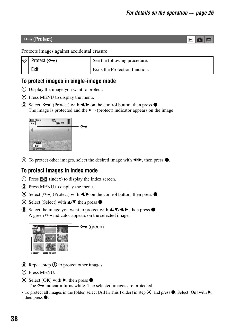 Protect), For details on the operation, Page 26 | Sony DSC-T7 User Manual | Page 38 / 103