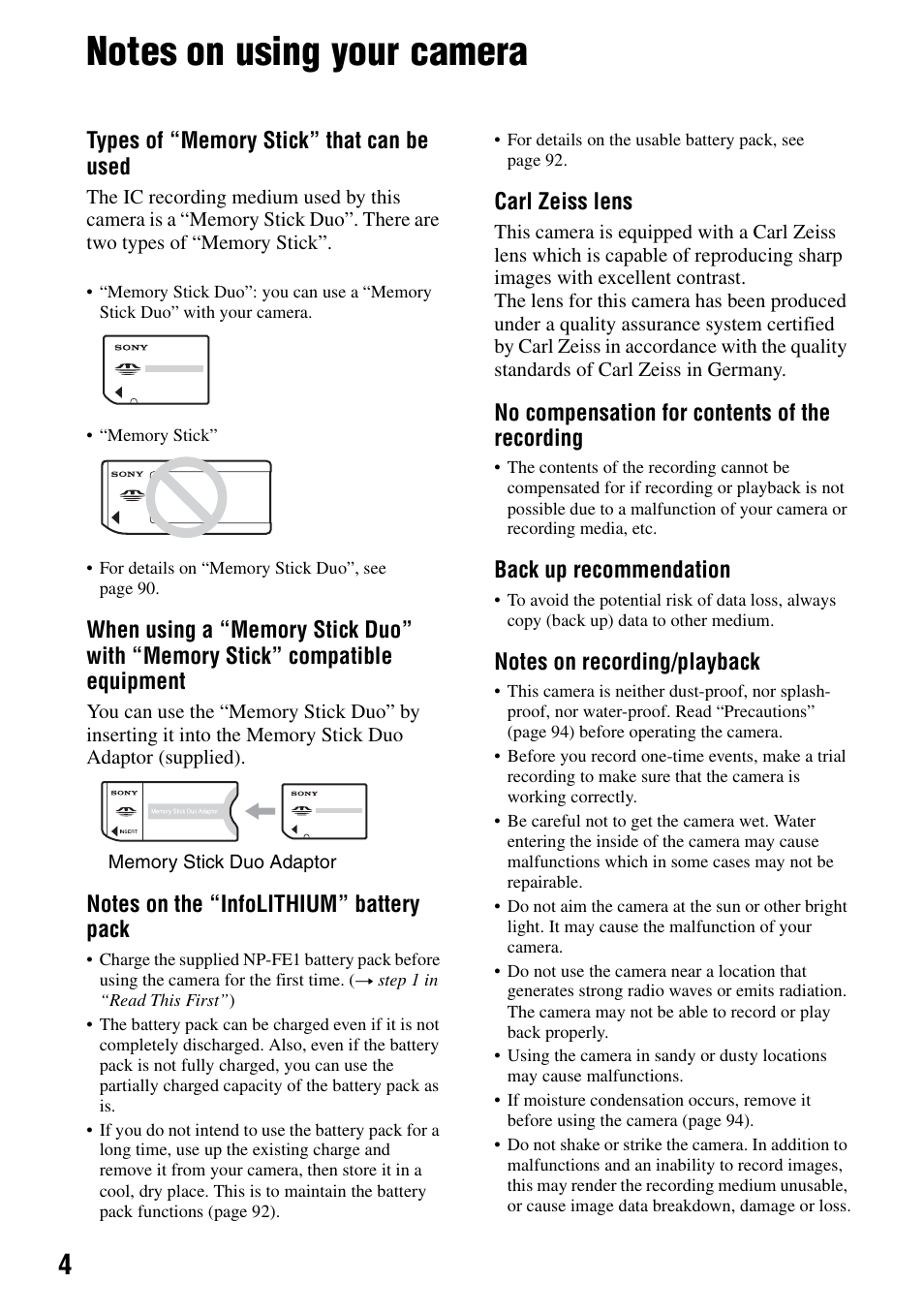 Notes on using your camera, Carl zeiss lens, No compensation for contents of the recording | Back up recommendation | Sony DSC-T7 User Manual | Page 4 / 103