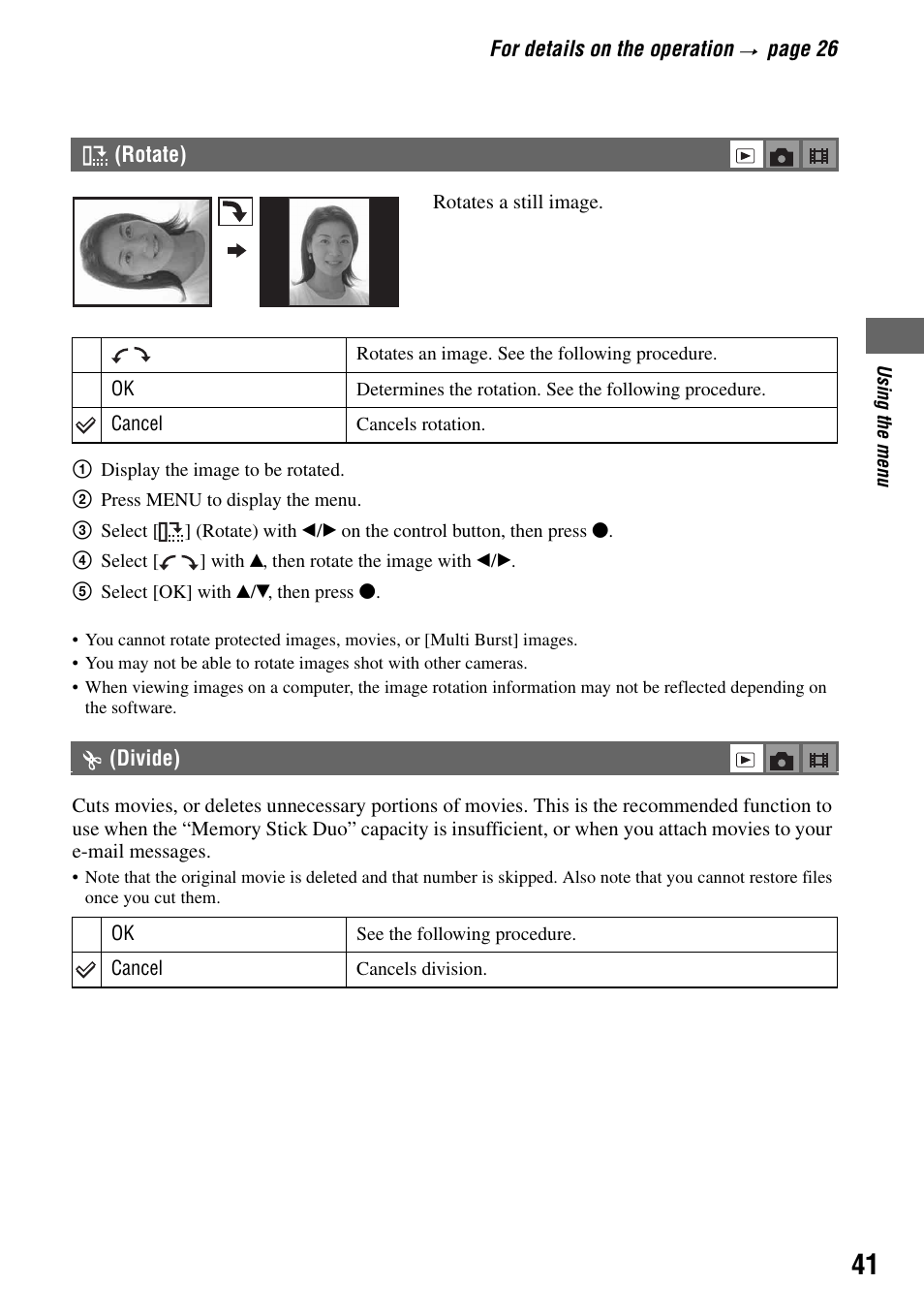 Rotate), Divide) | Sony DSC-T7 User Manual | Page 41 / 103