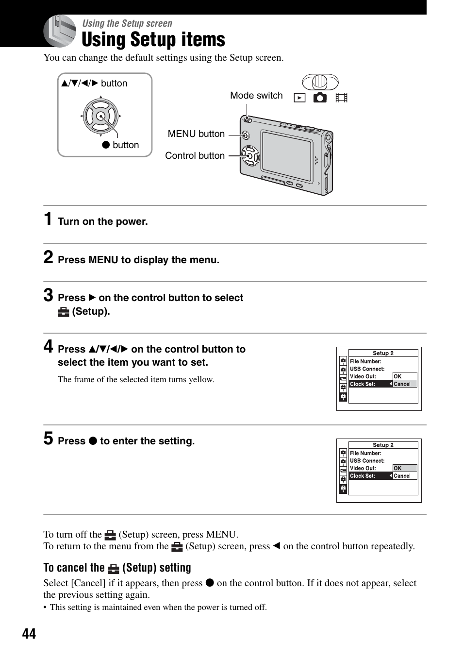 Using the setup screen, Using setup items, Ult settings | Sony DSC-T7 User Manual | Page 44 / 103