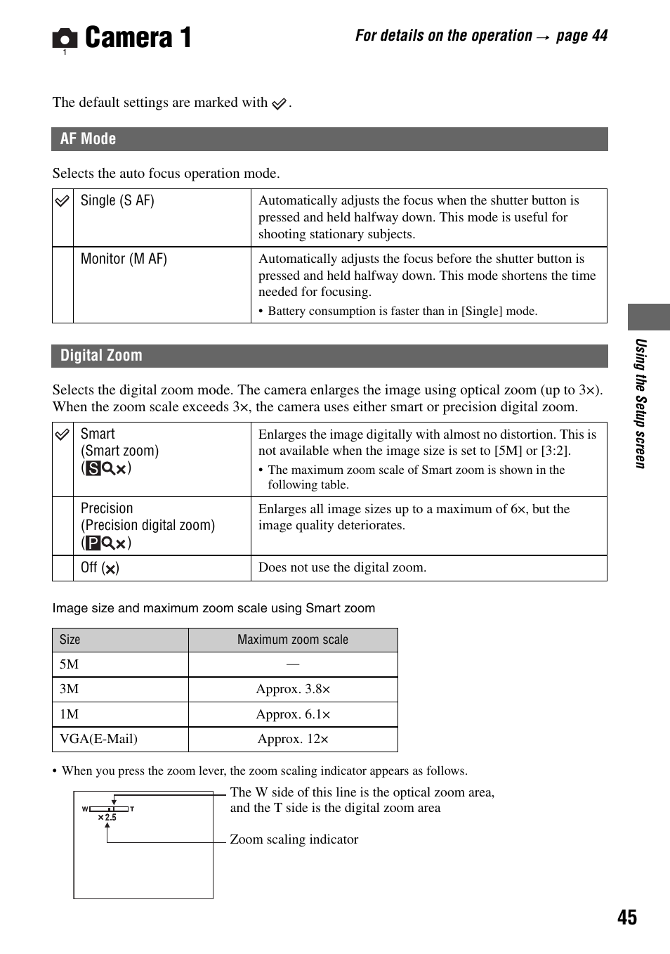 Camera 1, Af mode digital zoom, E (45) | Sony DSC-T7 User Manual | Page 45 / 103