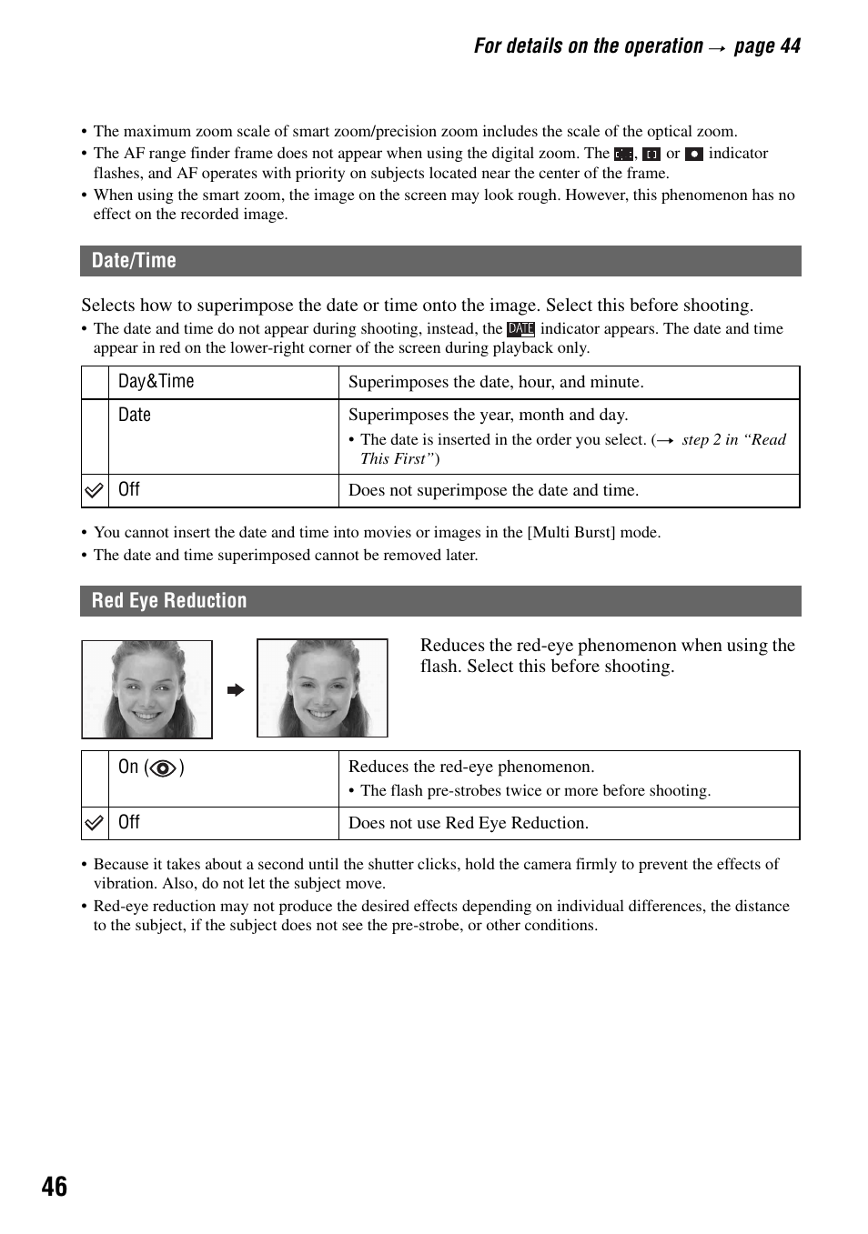 Date/time red eye reduction, N (46), Ime (46) | E (46) | Sony DSC-T7 User Manual | Page 46 / 103