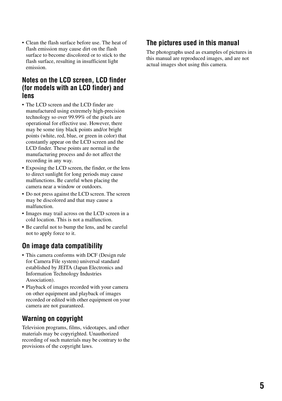 On image data compatibility, Warning on copyright, The pictures used in this manual | Sony DSC-T7 User Manual | Page 5 / 103