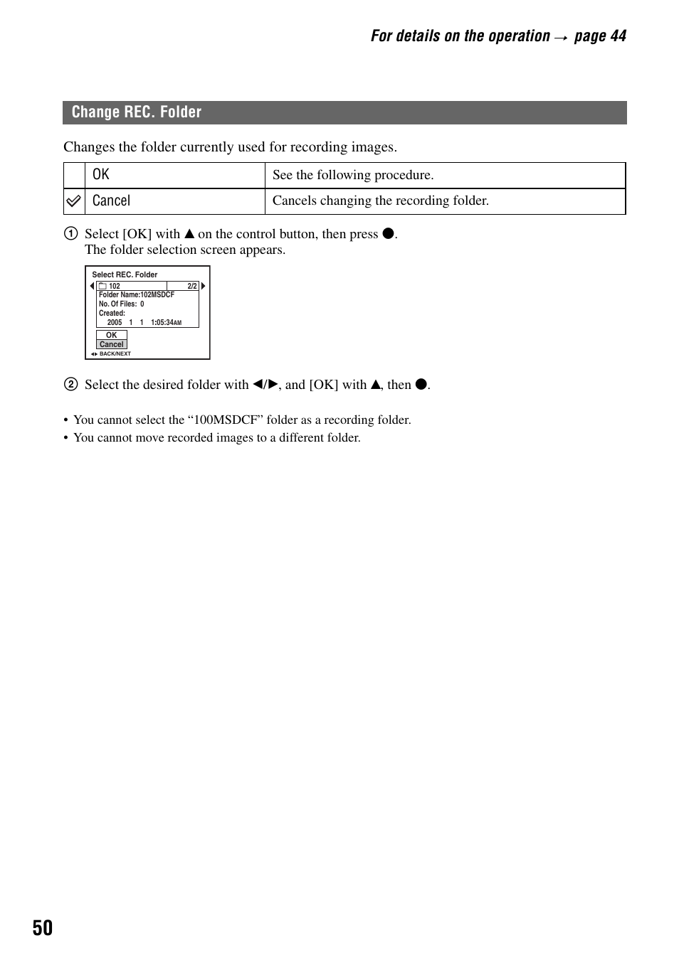 Change rec. folder, For details on the operation, Page 44 | Cancel | Sony DSC-T7 User Manual | Page 50 / 103