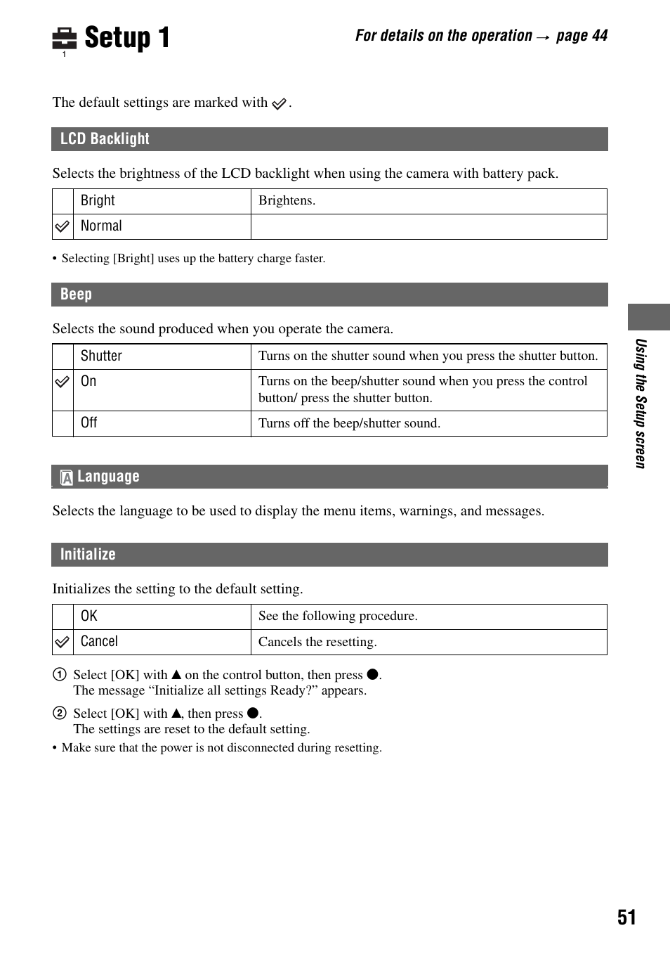 Setup 1, Lcd backlight beep, Language | Initialize | Sony DSC-T7 User Manual | Page 51 / 103