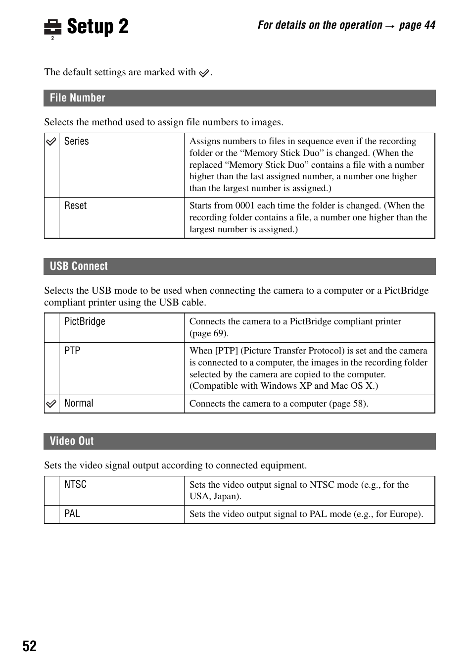 Setup 2, File number usb connect video out | Sony DSC-T7 User Manual | Page 52 / 103