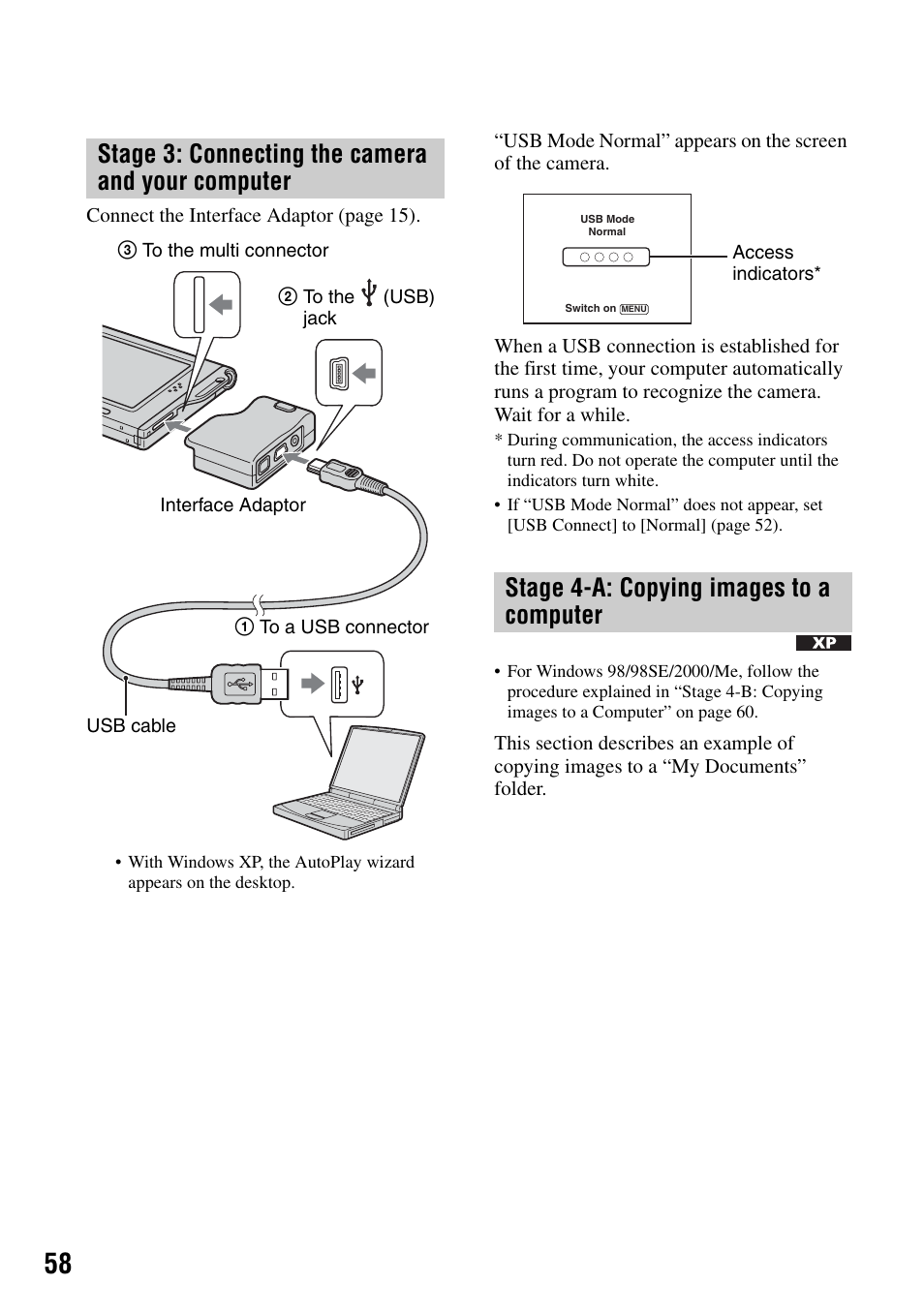Stage 3: connecting the camera and your computer, Stage 4-a: copying images to a computer | Sony DSC-T7 User Manual | Page 58 / 103