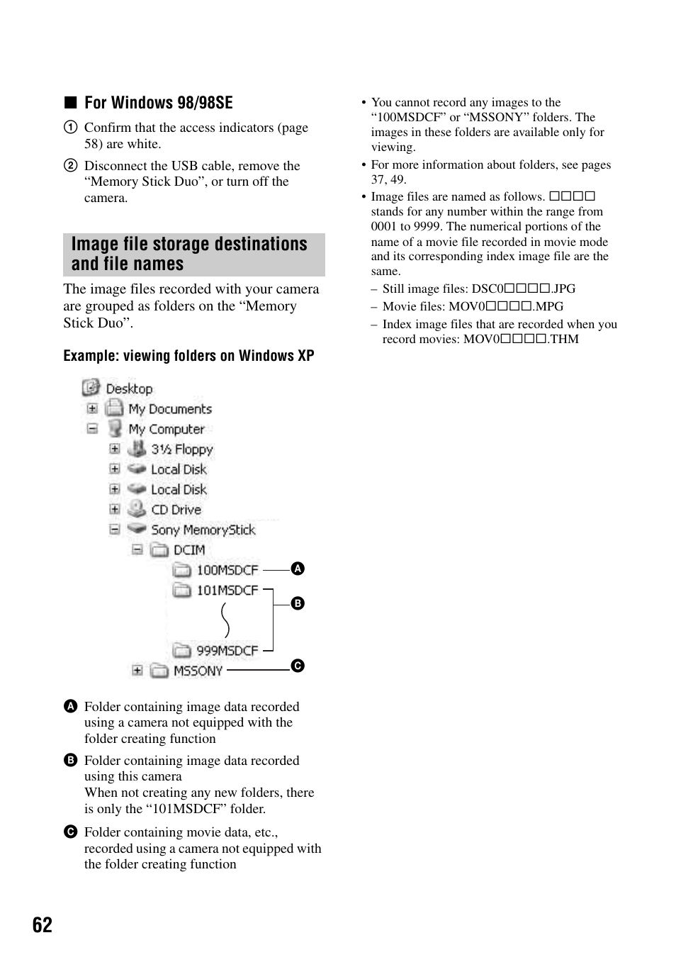 Image file storage destinations and file names | Sony DSC-T7 User Manual | Page 62 / 103