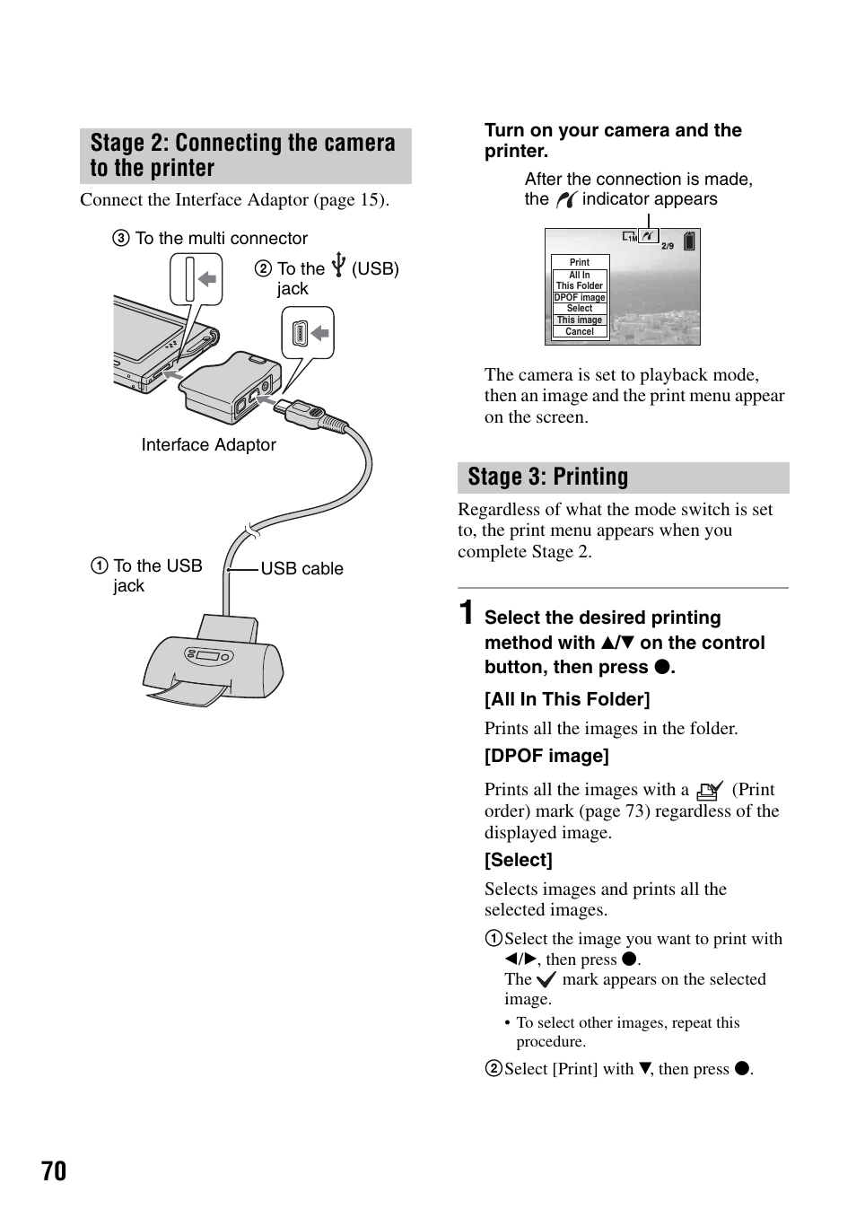 Stage 2: connecting the camera to the printer, Stage 3: printing | Sony DSC-T7 User Manual | Page 70 / 103