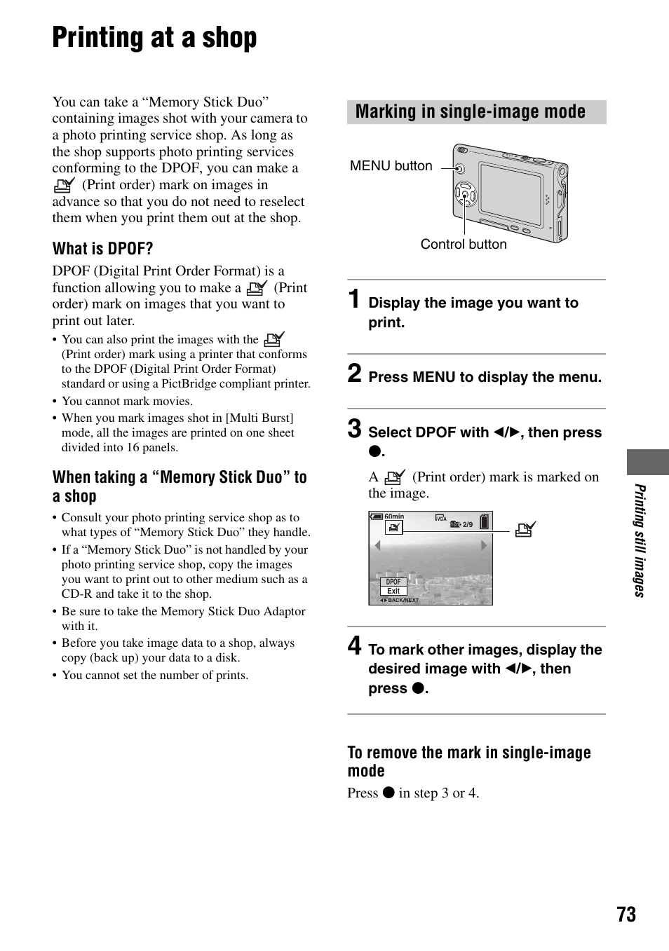 Printing at a shop, Marking in single-image mode | Sony DSC-T7 User Manual | Page 73 / 103