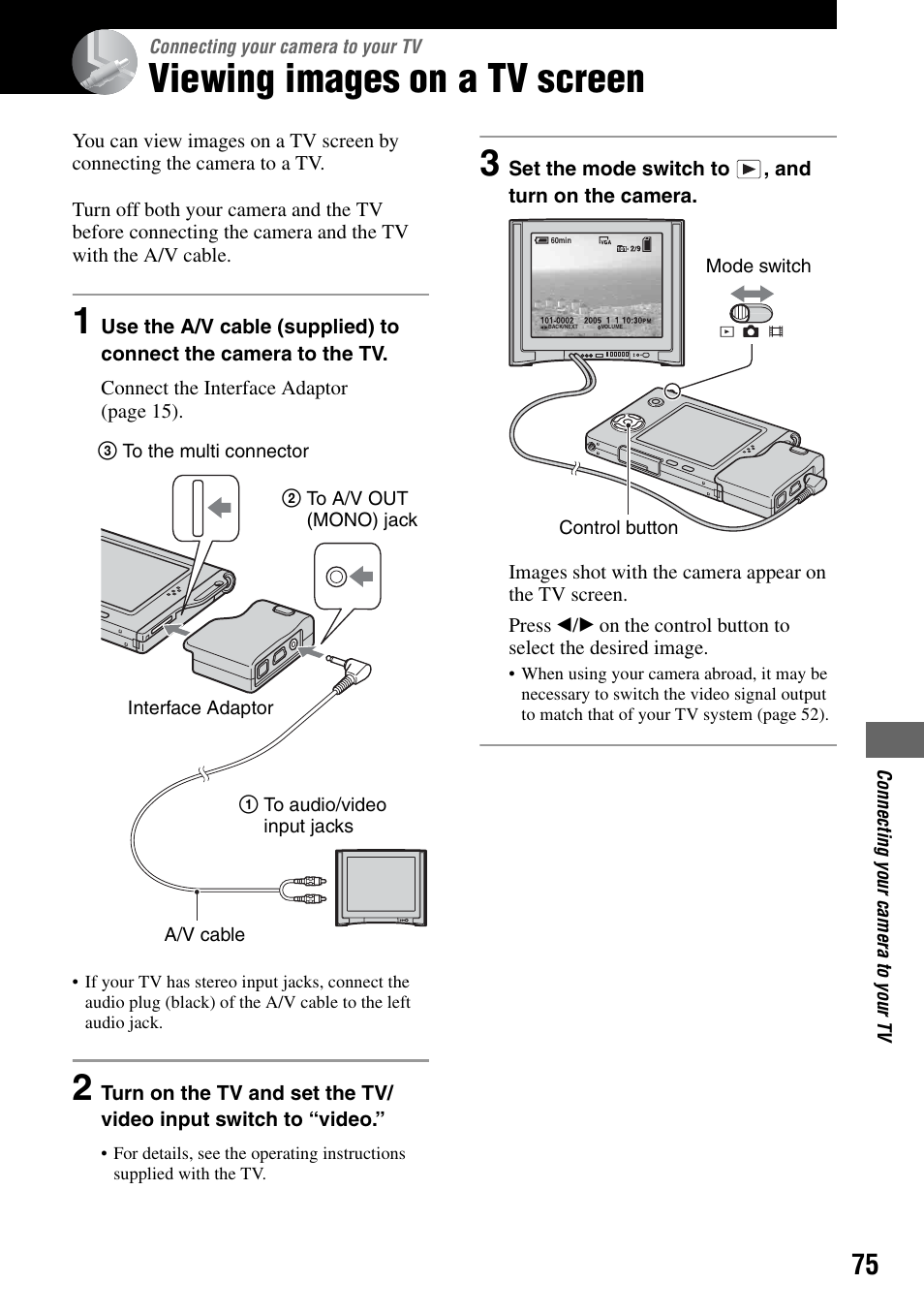 Connecting your camera to your tv, Viewing images on a tv screen | Sony DSC-T7 User Manual | Page 75 / 103