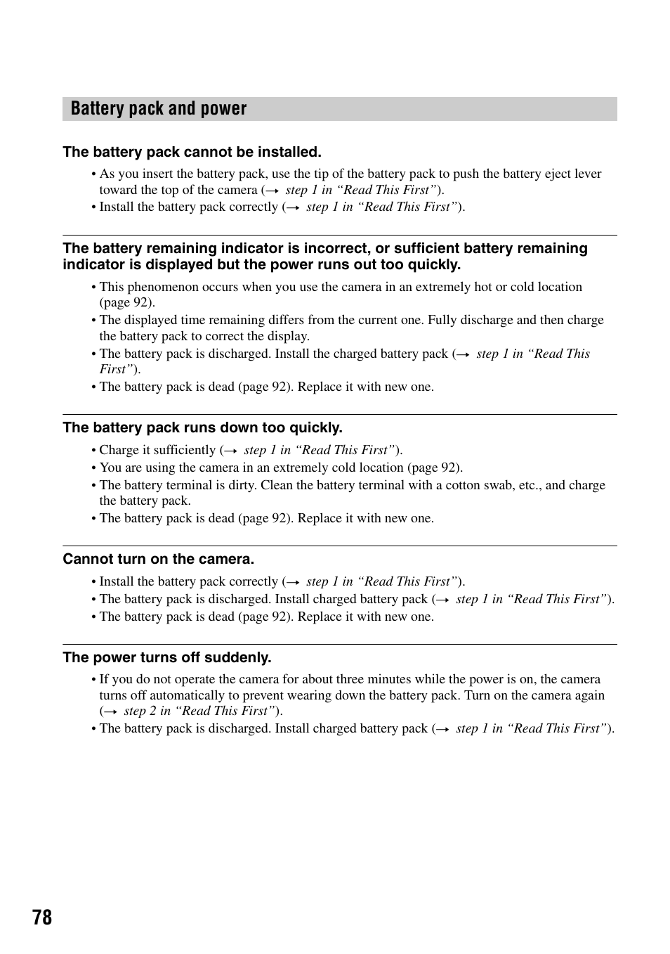 Battery pack and power | Sony DSC-T7 User Manual | Page 78 / 103