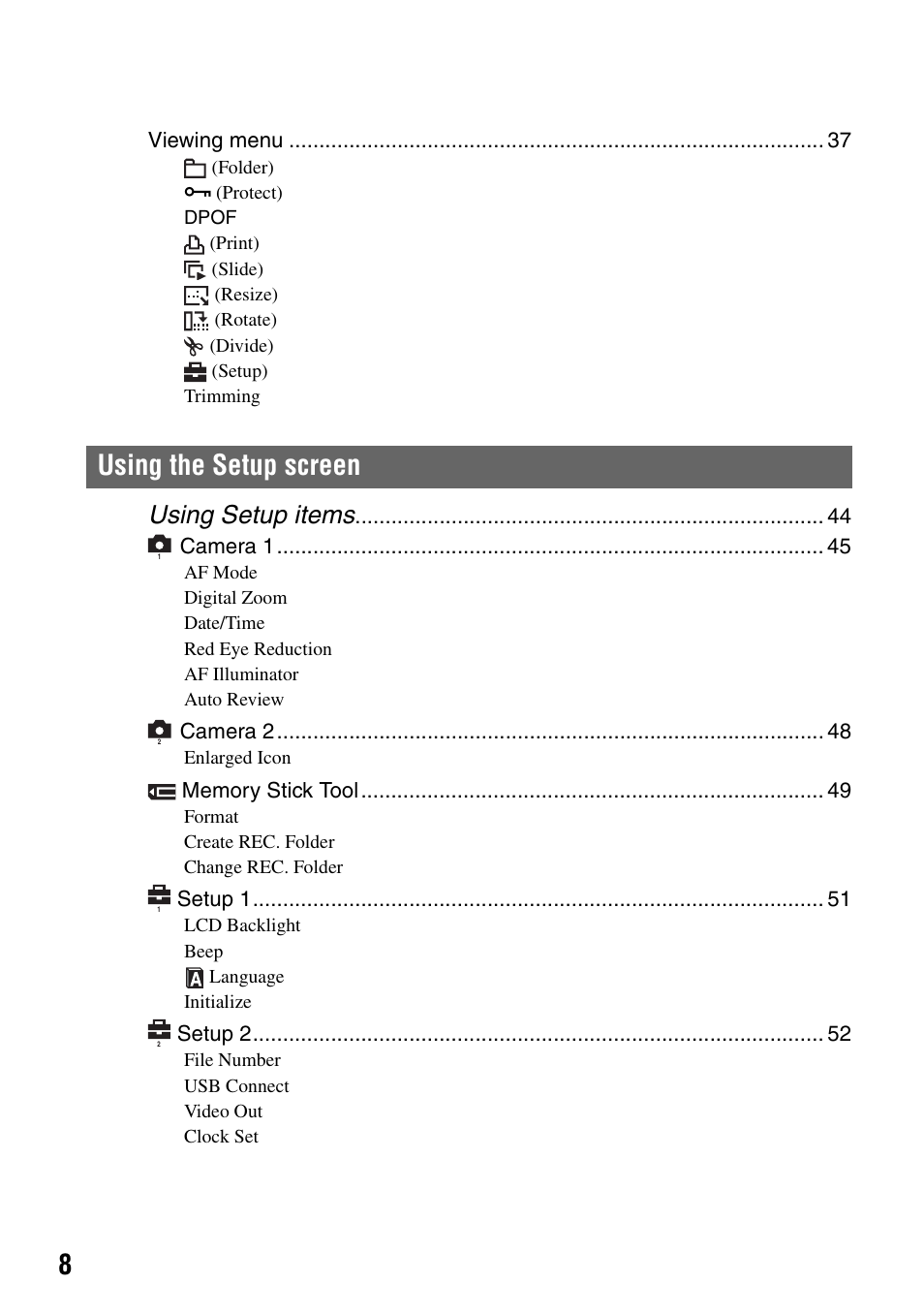 Using the setup screen, Using setup items | Sony DSC-T7 User Manual | Page 8 / 103