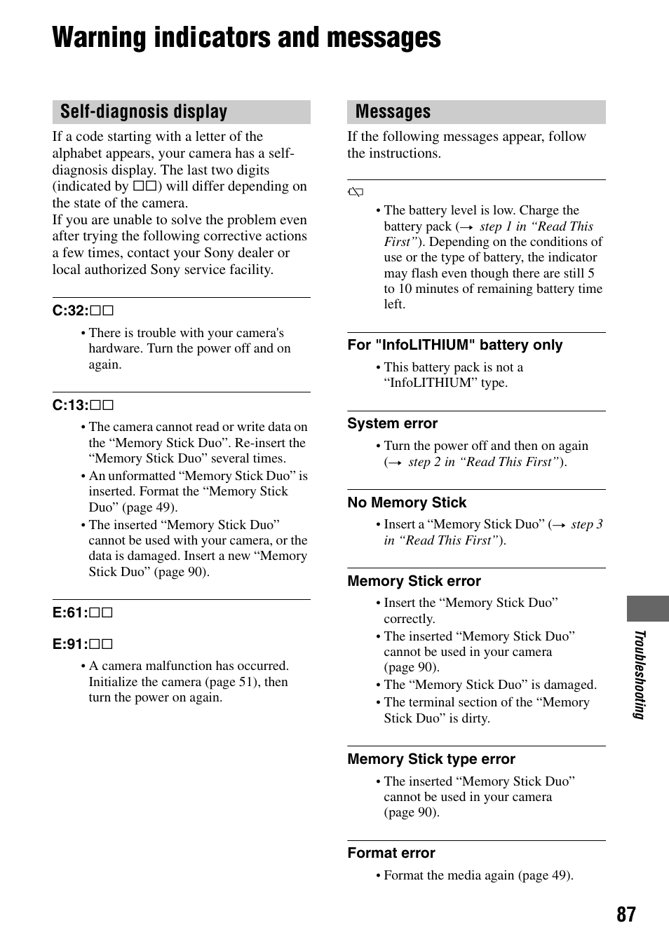 Warning indicators and messages, Y (87), Self-diagnosis display messages | Sony DSC-T7 User Manual | Page 87 / 103