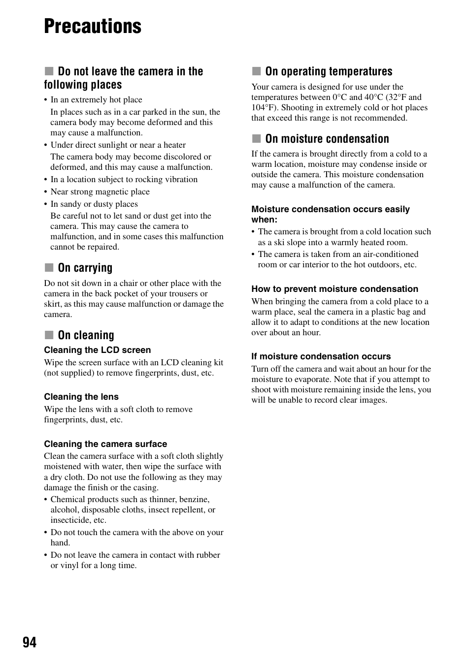 Precautions | Sony DSC-T7 User Manual | Page 94 / 103