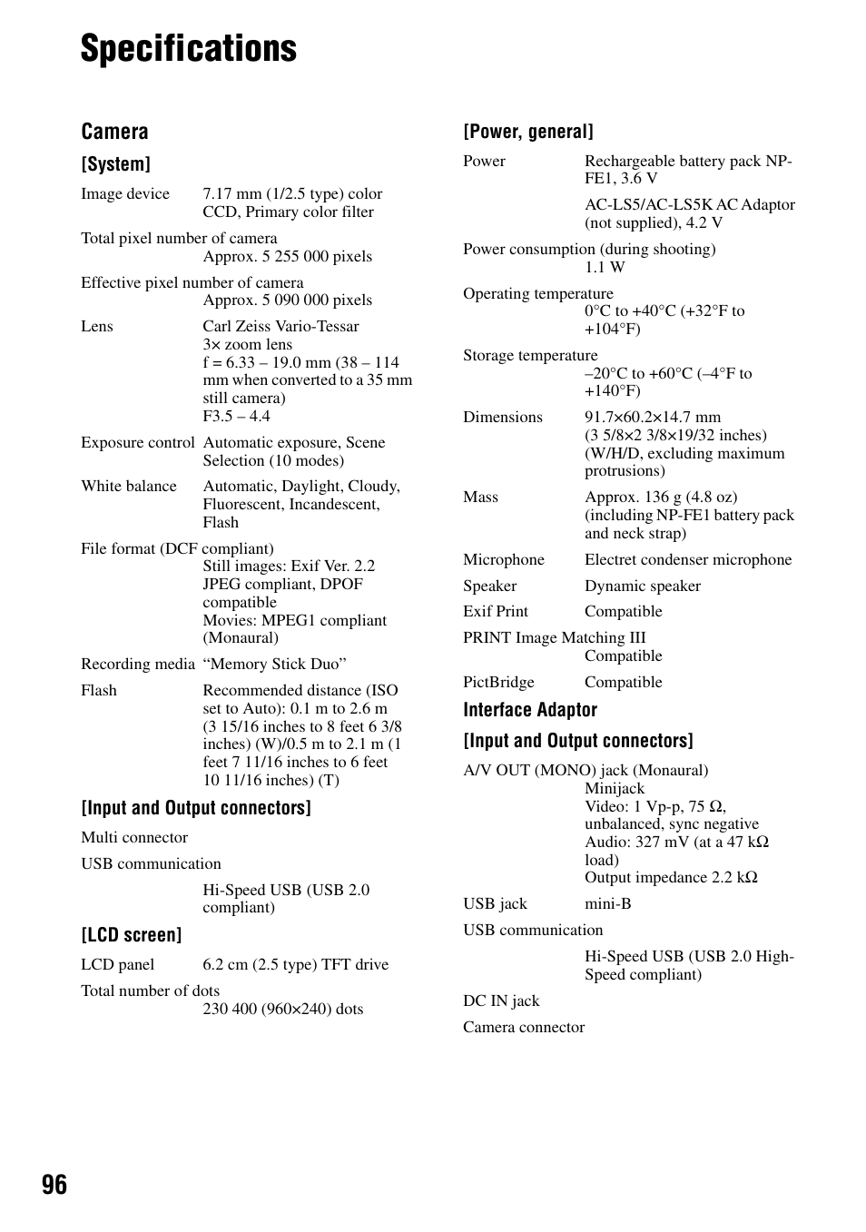 Specifications, Camera | Sony DSC-T7 User Manual | Page 96 / 103