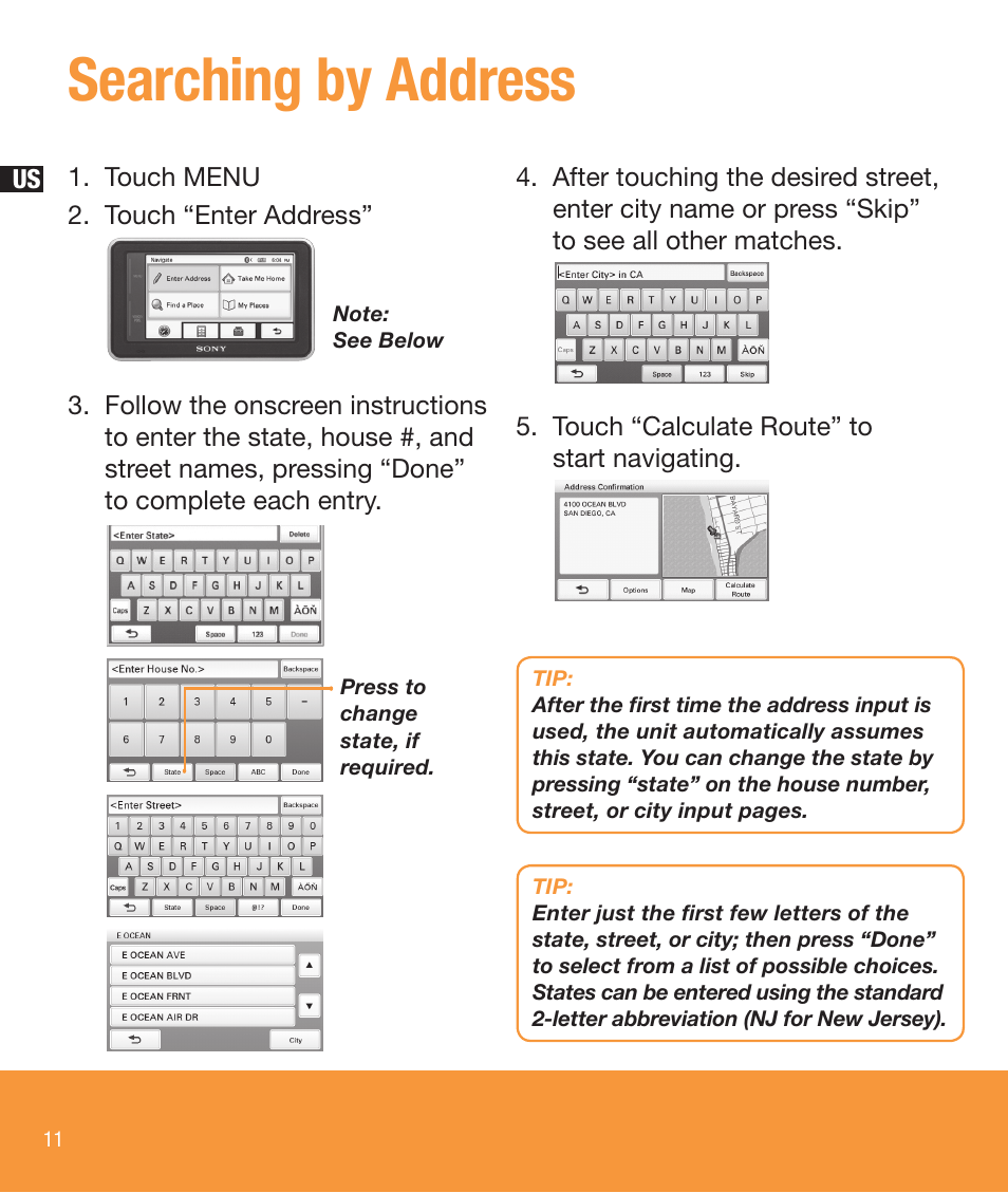 Searching by address | Sony NV-U73T User Manual | Page 12 / 60