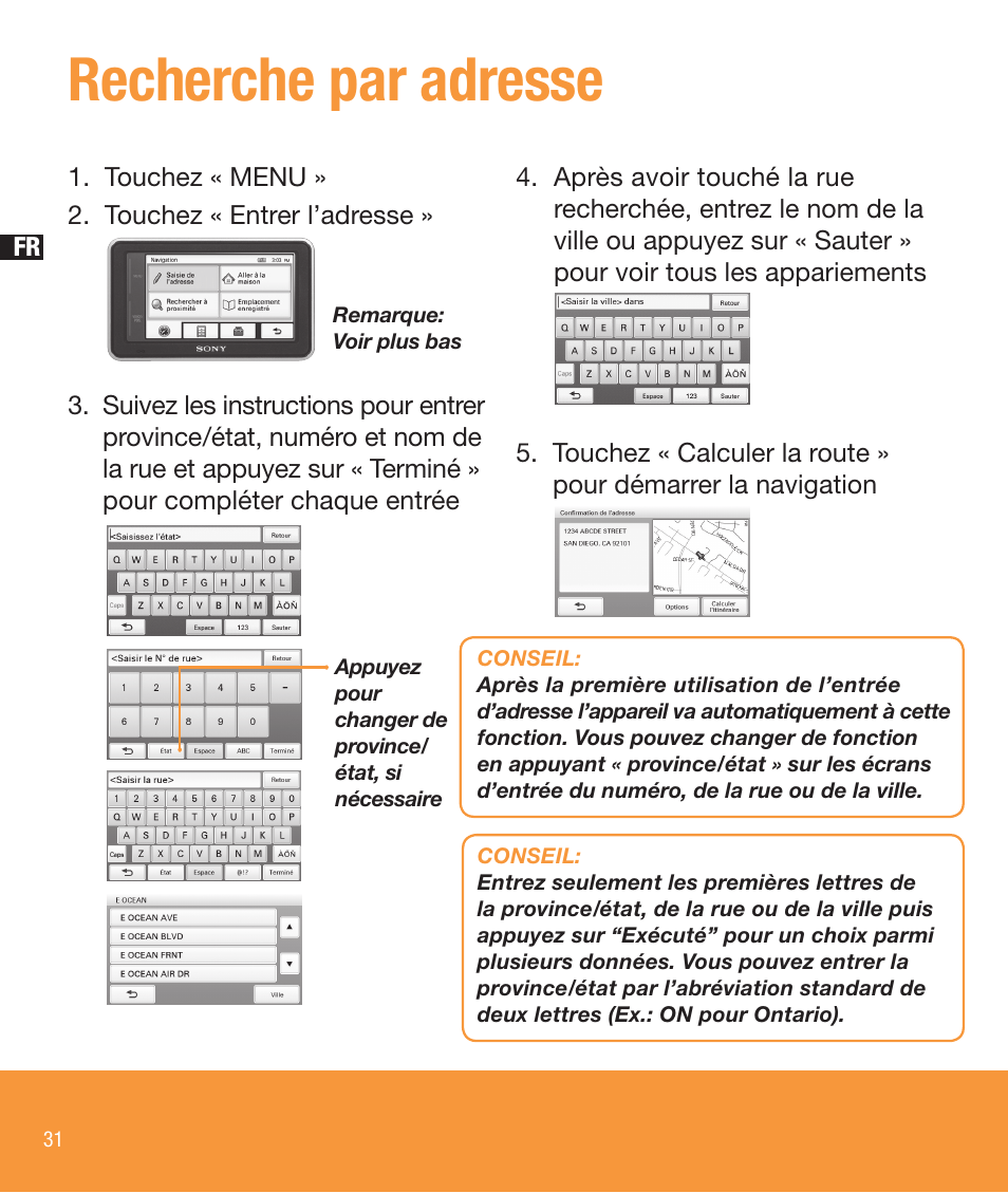 Recherche par adresse | Sony NV-U73T User Manual | Page 32 / 60