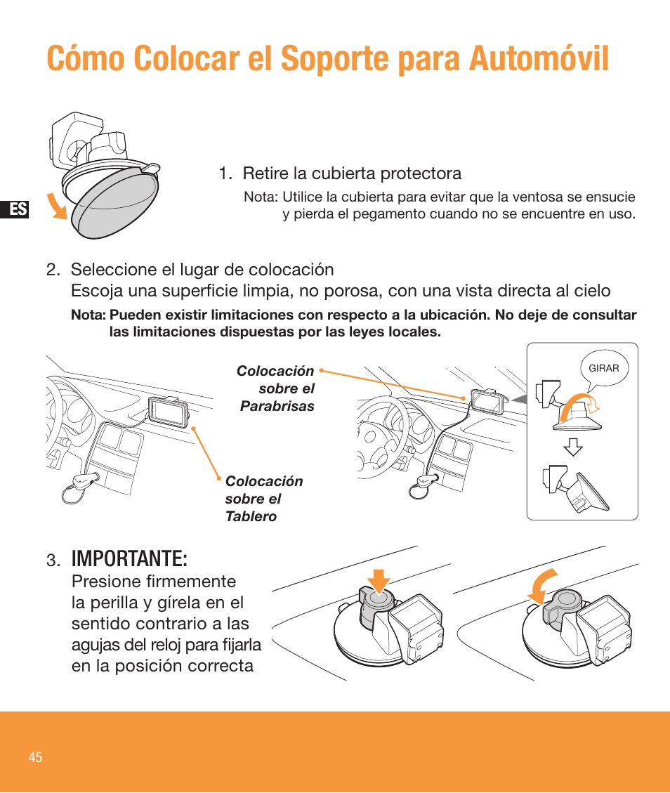Cómo colocar el soporte para automóvil, Importante | Sony NV-U73T User Manual | Page 46 / 60