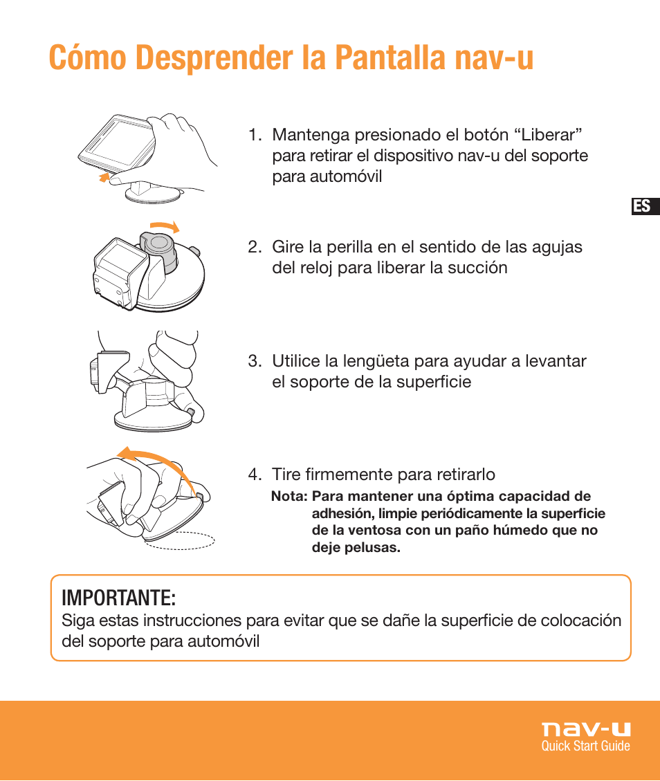 Cómo desprender la pantalla nav-u, Importante | Sony NV-U73T User Manual | Page 49 / 60