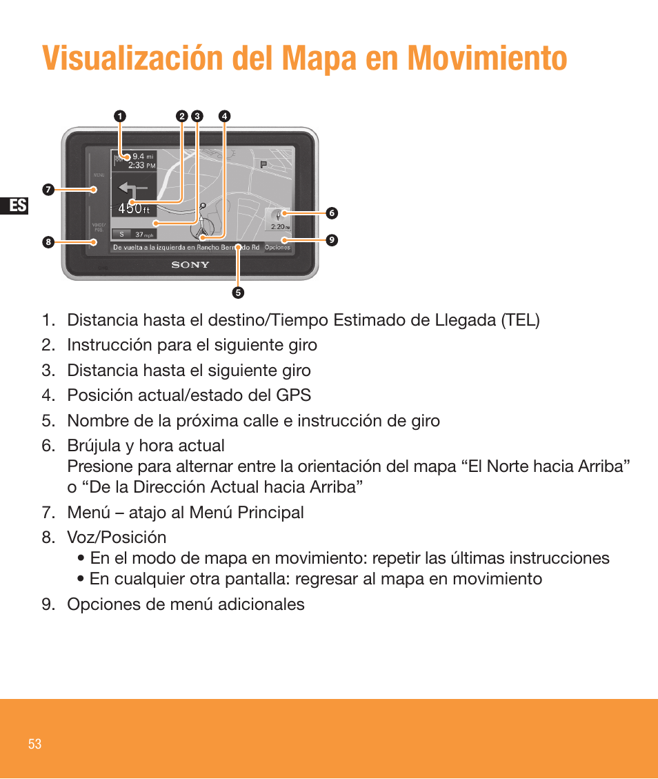 Visualización del mapa en movimiento | Sony NV-U73T User Manual | Page 54 / 60