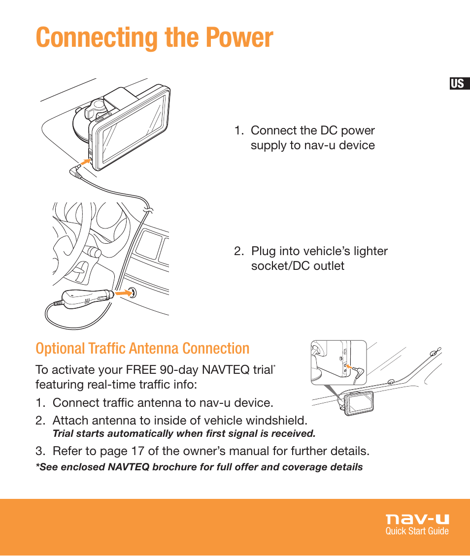 Connecting the power, Optional traffic antenna connection | Sony NV-U73T User Manual | Page 7 / 60