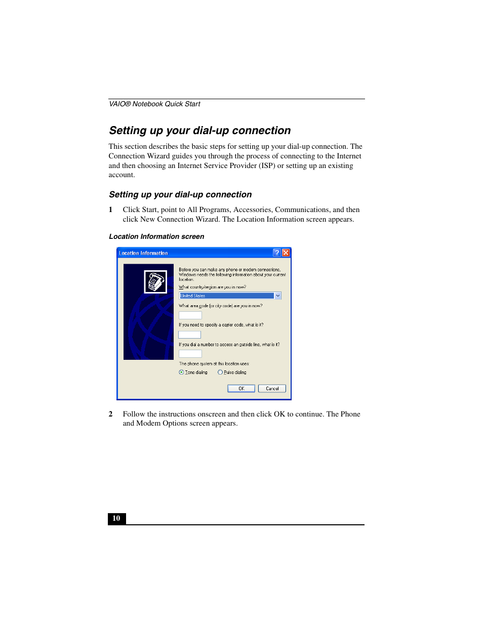 Setting up your dial-up connection | Sony PCG-FXA33 User Manual | Page 10 / 72