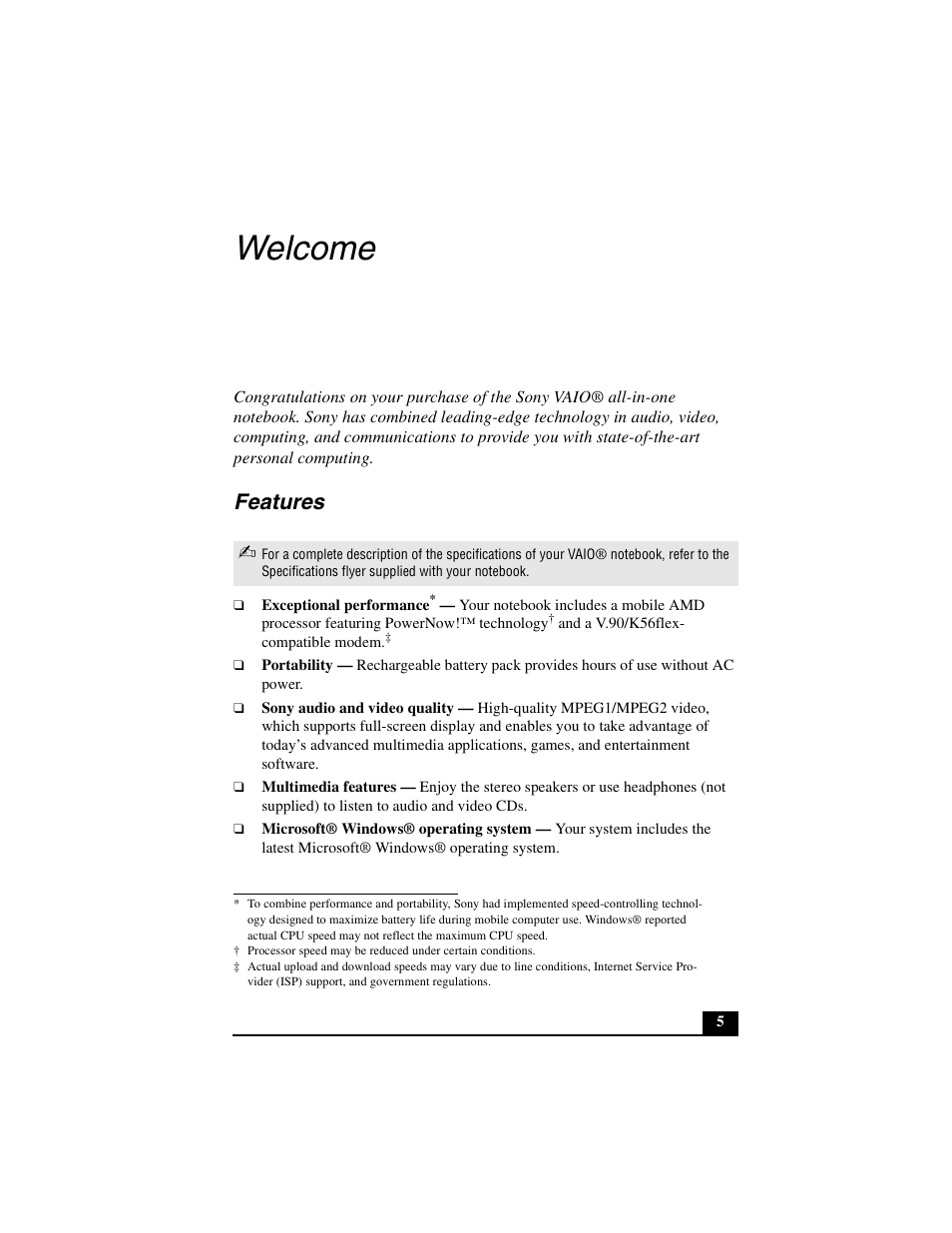 Welcome, Features | Sony PCG-FXA33 User Manual | Page 5 / 72