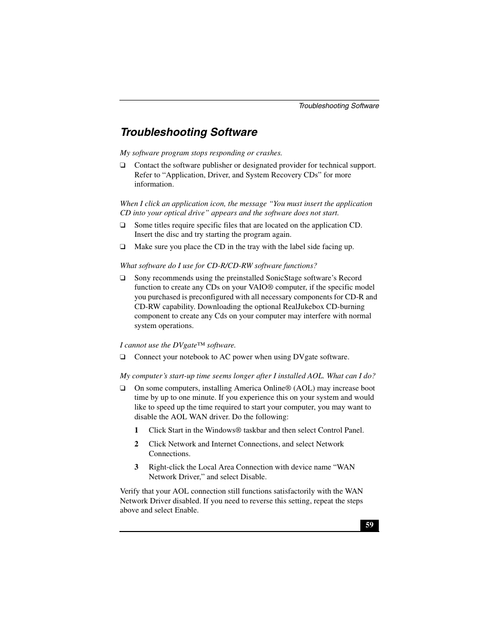 Troubleshooting software | Sony PCG-FXA33 User Manual | Page 59 / 72