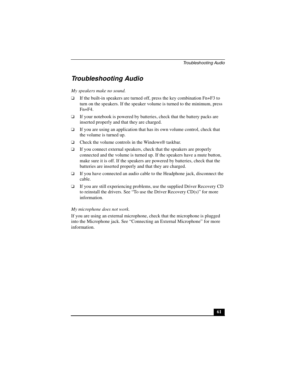 Troubleshooting audio | Sony PCG-FXA33 User Manual | Page 61 / 72