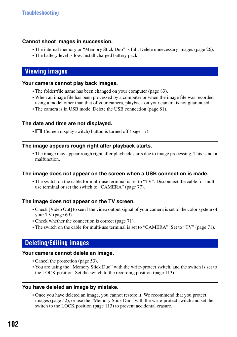 Viewing images, Deleting/editing images, Viewing images deleting/editing images | Sony DSC-T50 User Manual | Page 102 / 120
