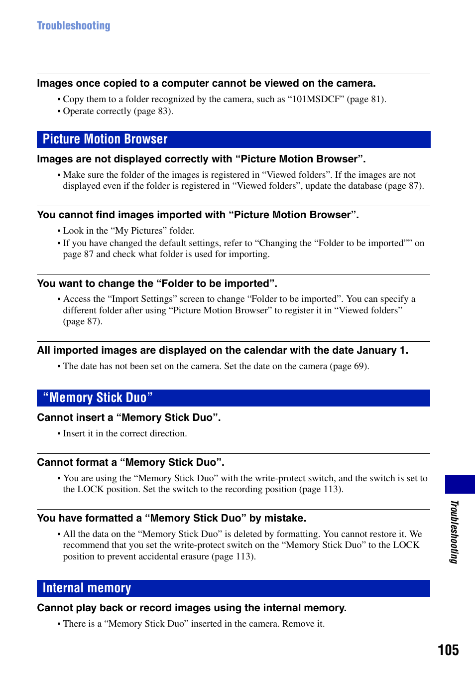 Picture motion browser, Memory stick duo, Internal memory | Sony DSC-T50 User Manual | Page 105 / 120