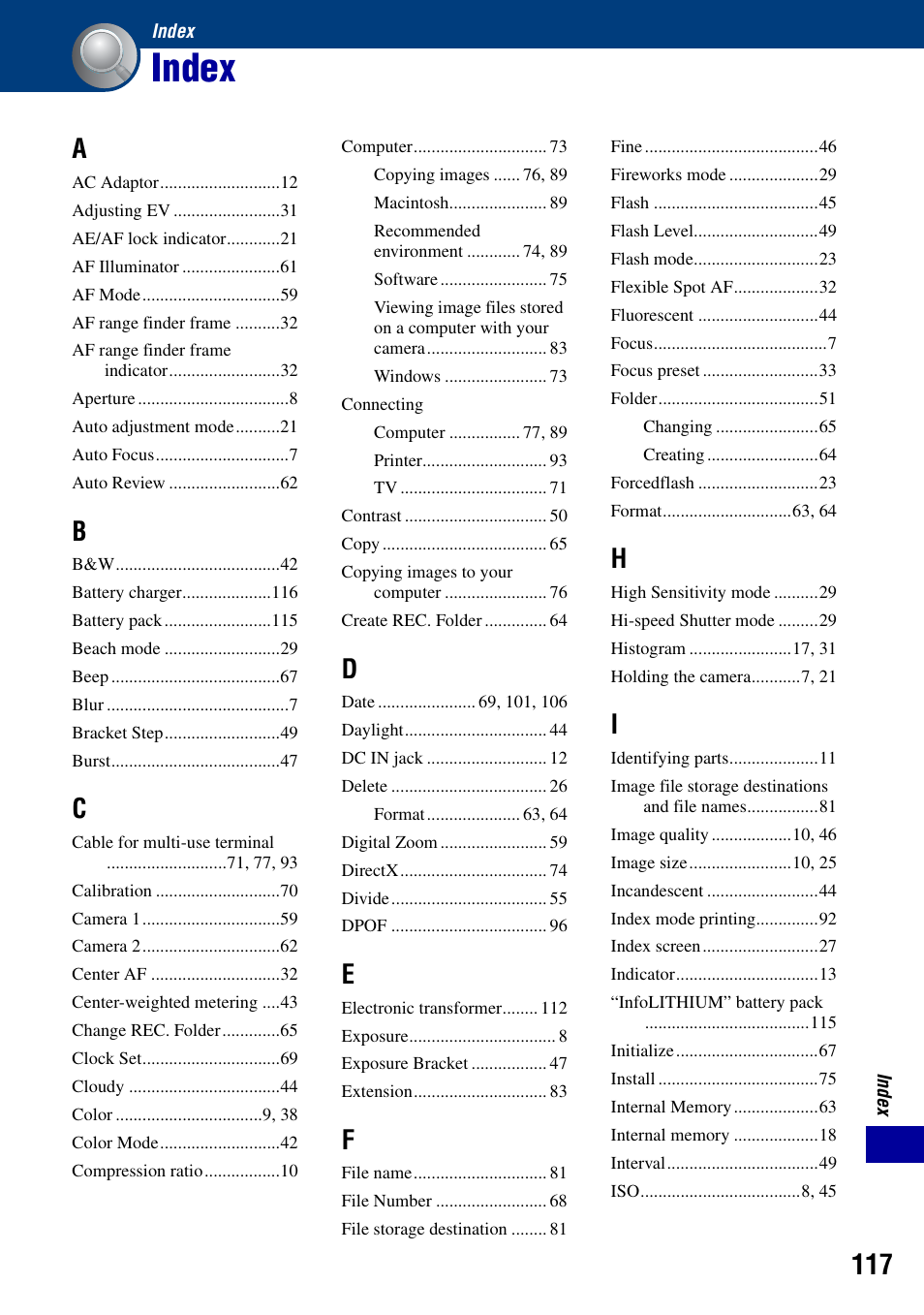 Index | Sony DSC-T50 User Manual | Page 117 / 120