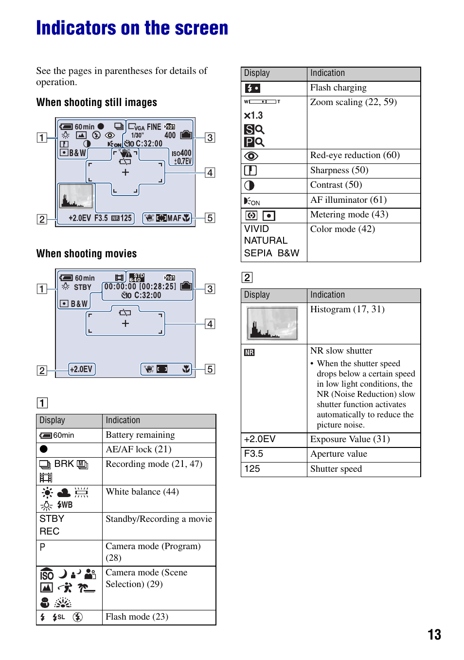 Indicators on the screen | Sony DSC-T50 User Manual | Page 13 / 120