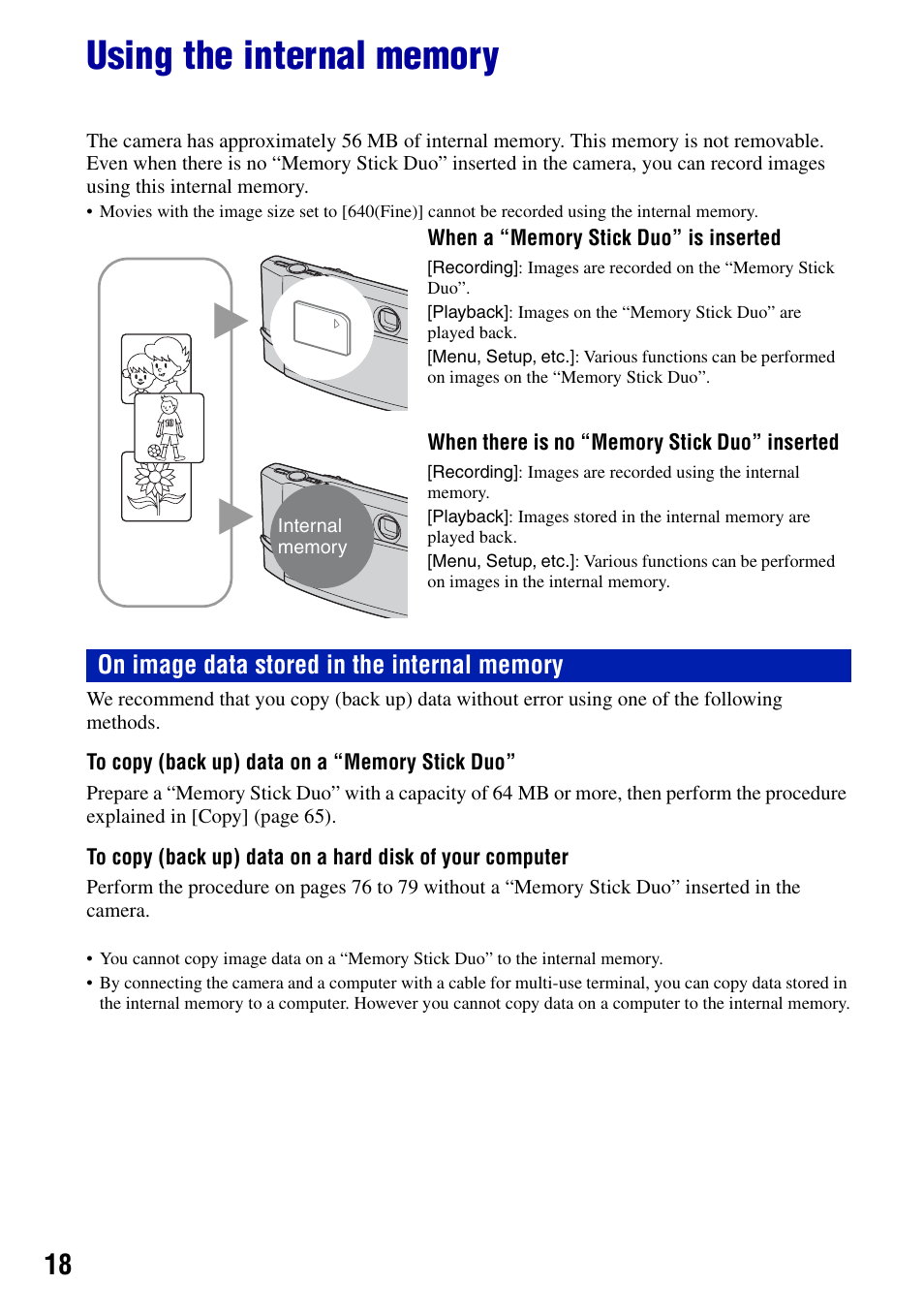 Using the internal memory | Sony DSC-T50 User Manual | Page 18 / 120