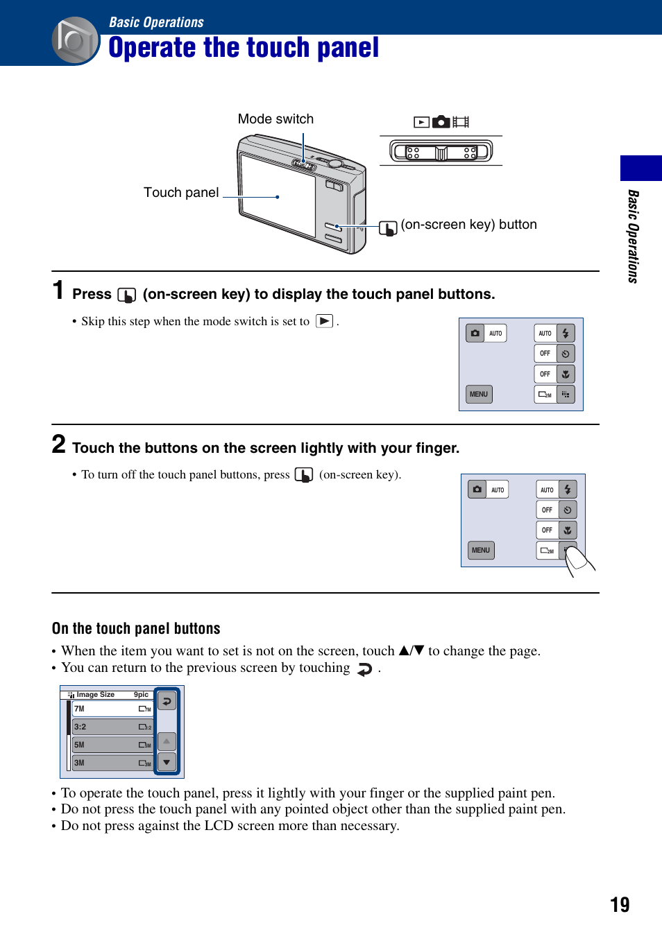 Basic operations, Operate the touch panel, On the touch panel buttons | You can return to the previous screen by touching | Sony DSC-T50 User Manual | Page 19 / 120