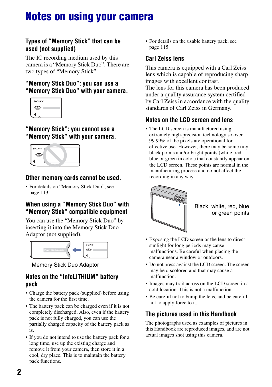 Notes on using your camera | Sony DSC-T50 User Manual | Page 2 / 120