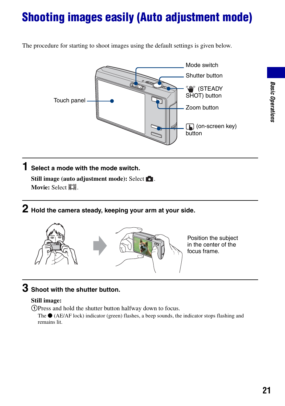 Shooting images easily (auto adjustment mode), Tton (21) | Sony DSC-T50 User Manual | Page 21 / 120