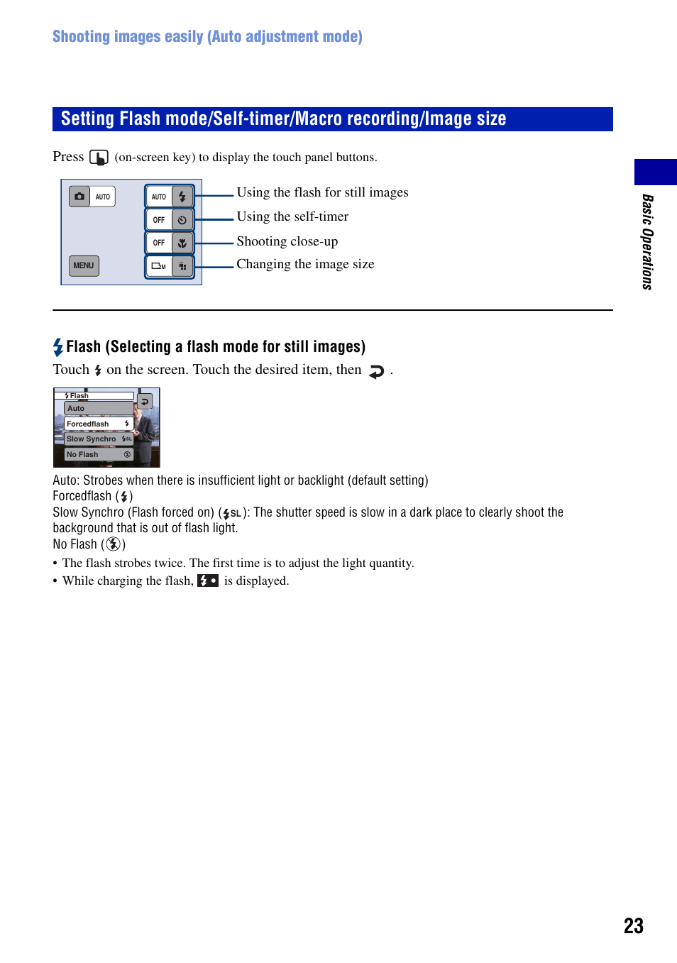 H (23), Shooting images easily (auto adjustment mode), Flash (selecting a flash mode for still images) | Press, Touch on the screen. touch the desired item, then | Sony DSC-T50 User Manual | Page 23 / 120