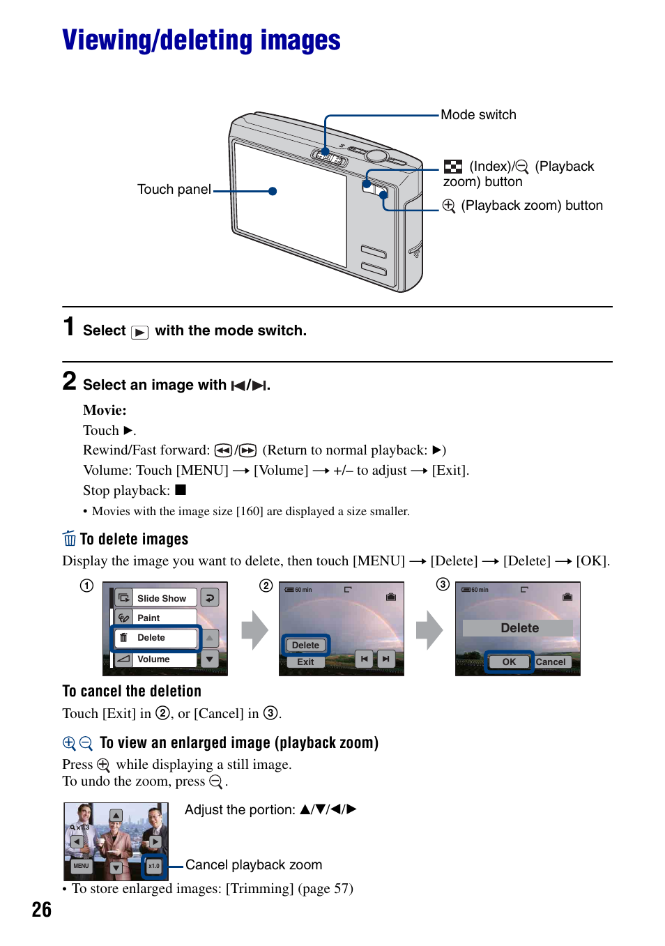 Viewing/deleting images | Sony DSC-T50 User Manual | Page 26 / 120