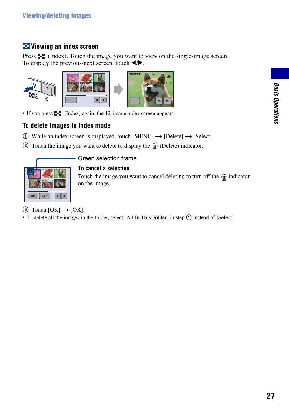 Tton (27), Viewing/deleting images viewing an index screen | Sony DSC-T50 User Manual | Page 27 / 120